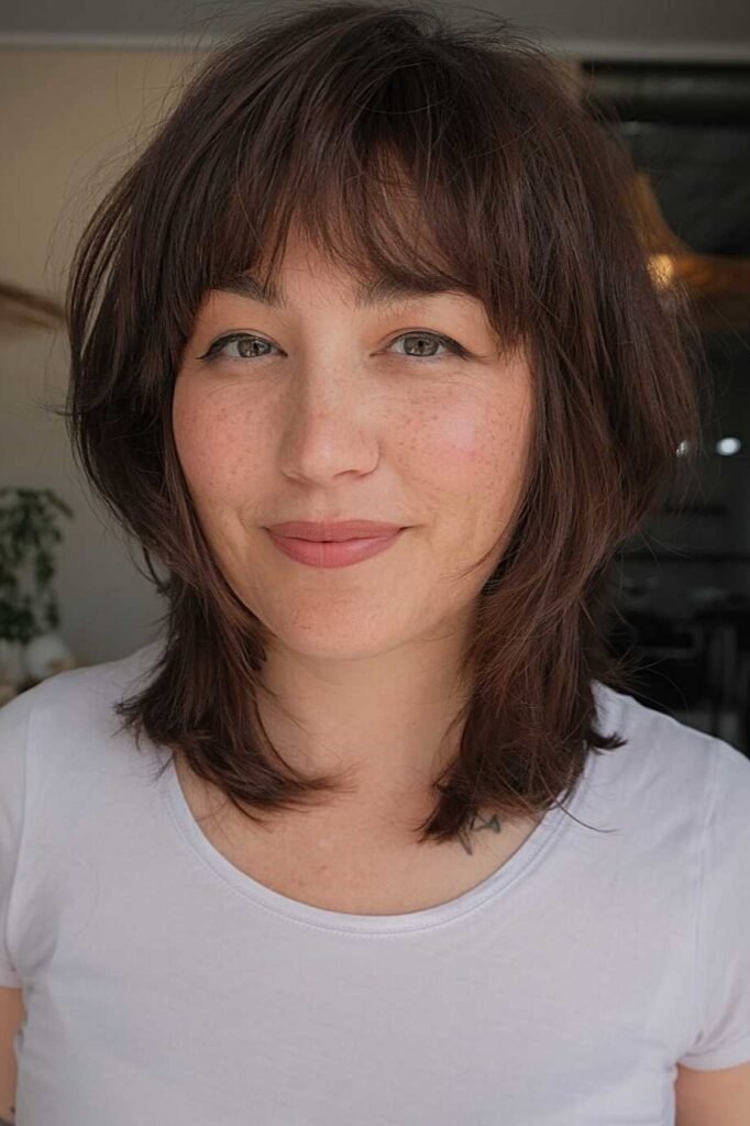 19. Brunette Layered Shag Cut with Feathered Curtain Bangs