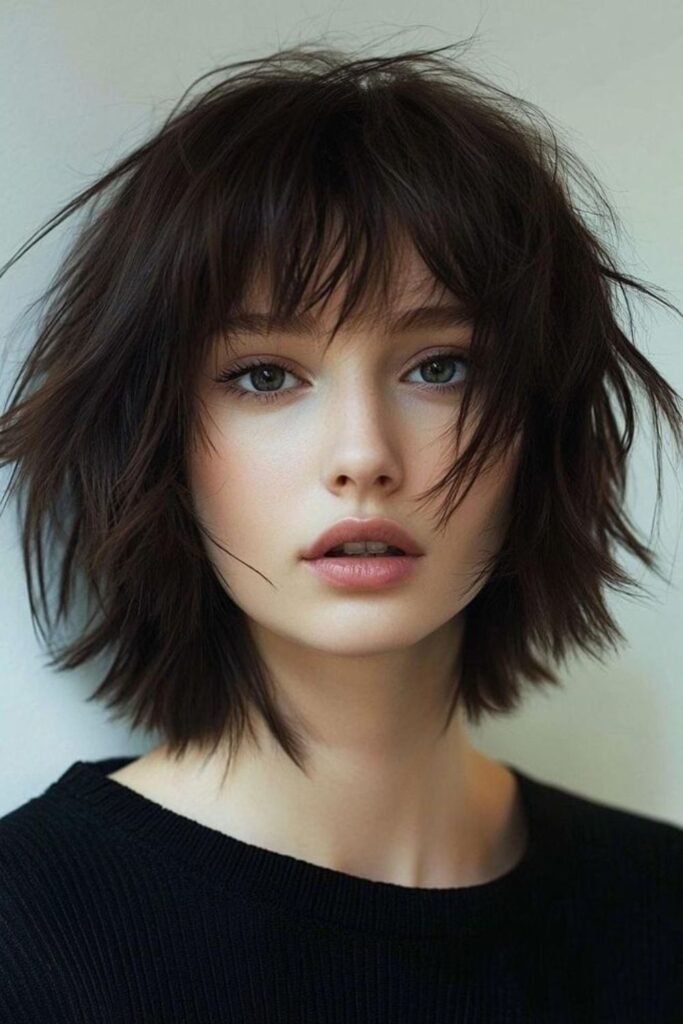 19. Feathered Layered Bob with Highlights and Side Bangs