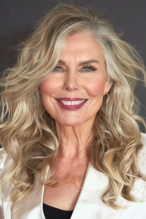 19. Long Blonde Layered Waves with Soft Swooping Side Bangs
