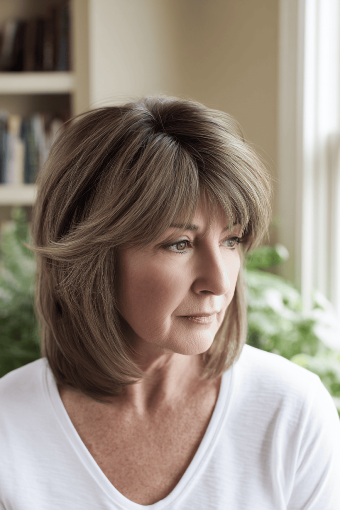 19. Rounded Ash Brown Lob with Feathered Bangs