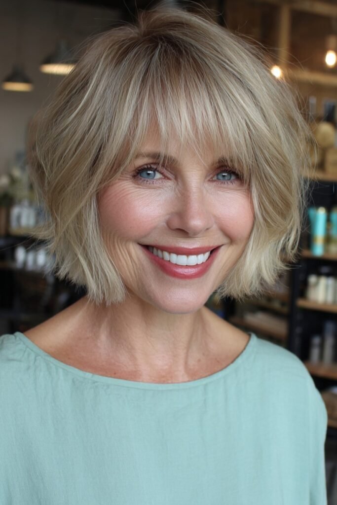 19. Soft Blonde Choppy Bob with Wispy Fringe