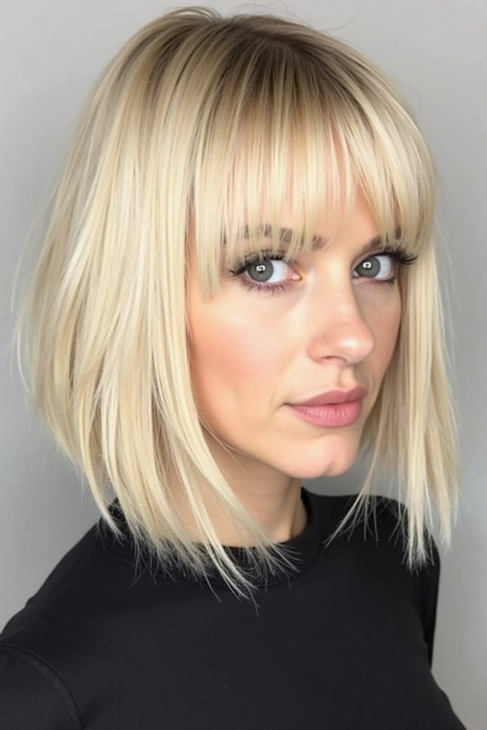 19. Straight Platinum Blonde Inverted Bob with Piecey Fringe
