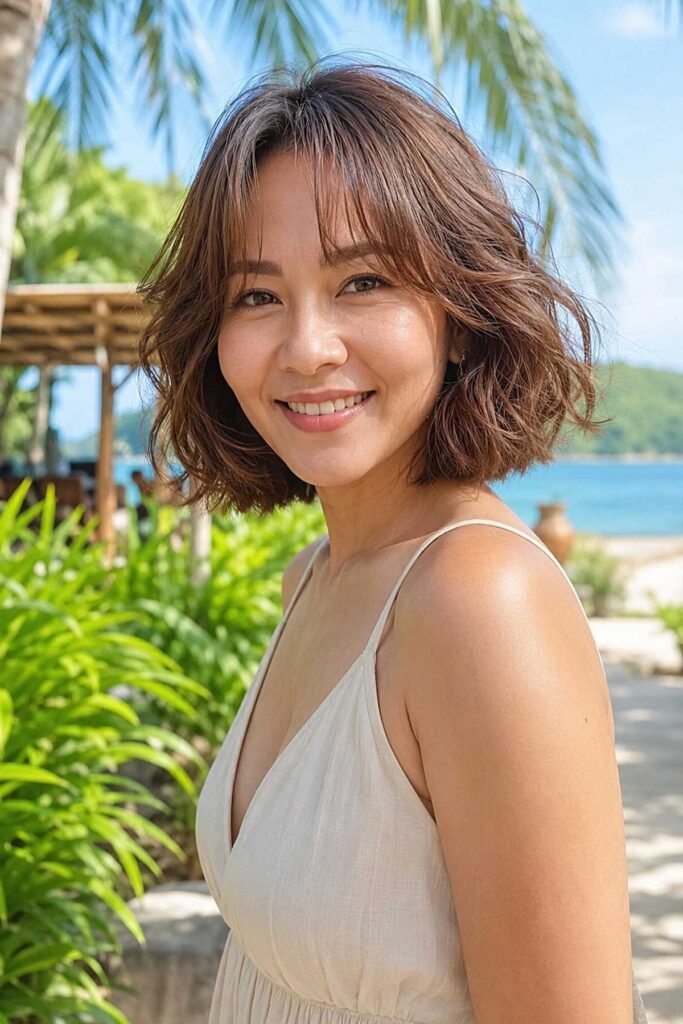 19. Warm Brown Wavy Short Bob with Soft Wispy Bangs