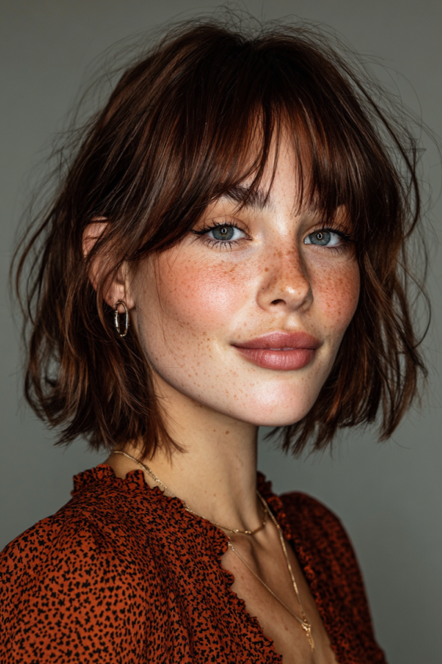 2. Auburn Textured Wavy Cut with Wispy Fringe