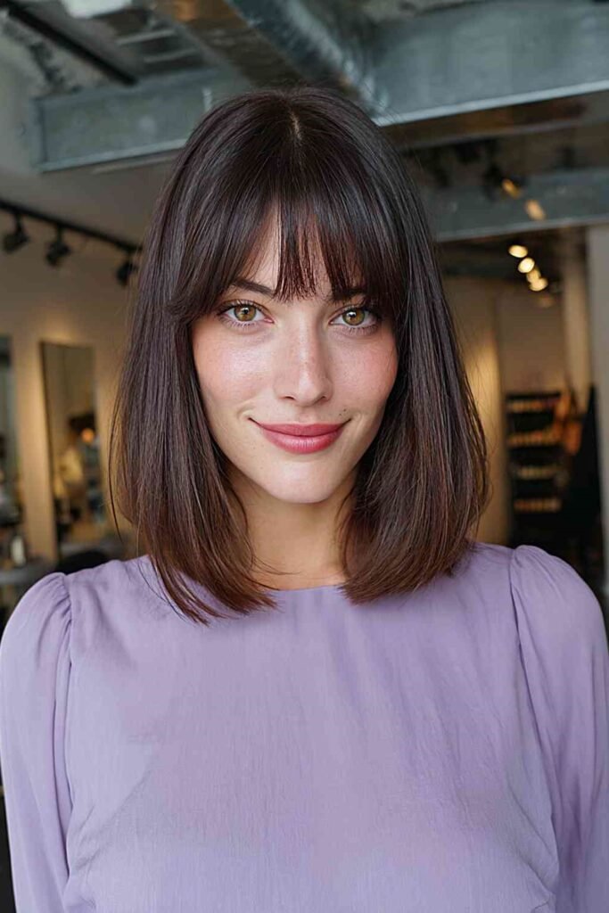 2. Blunt Shoulder-Length Bob with Full Wispy Fringe