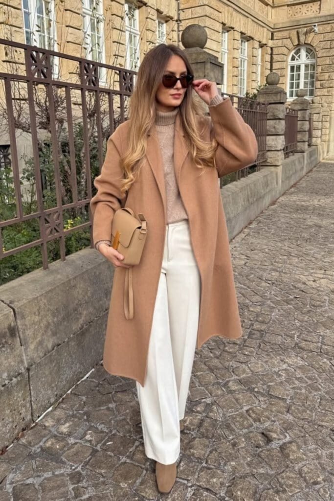 2. Chocolate Brown Coat with White Jeans