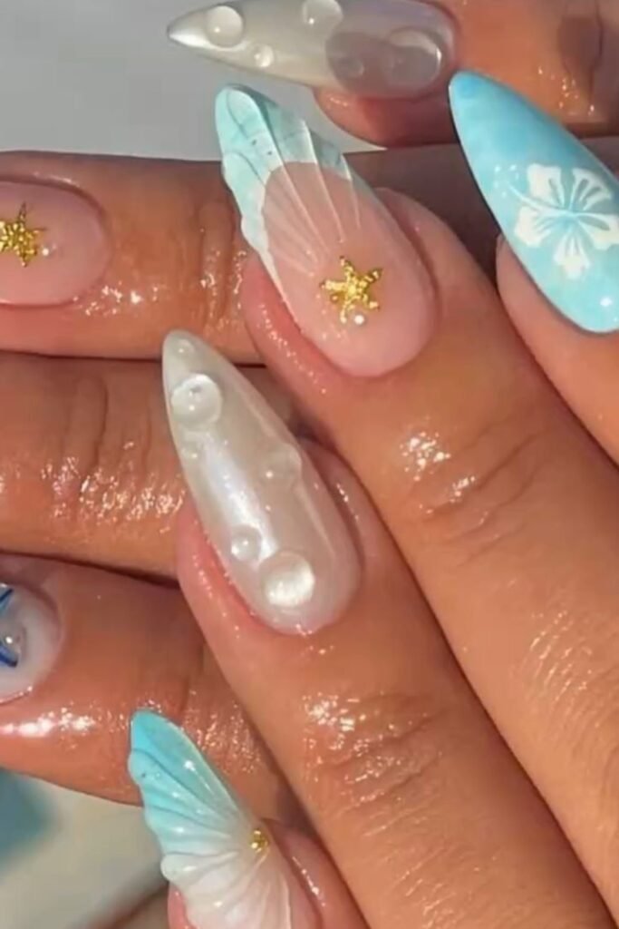 2. Jelly Teal French Tips with Aqua Gems