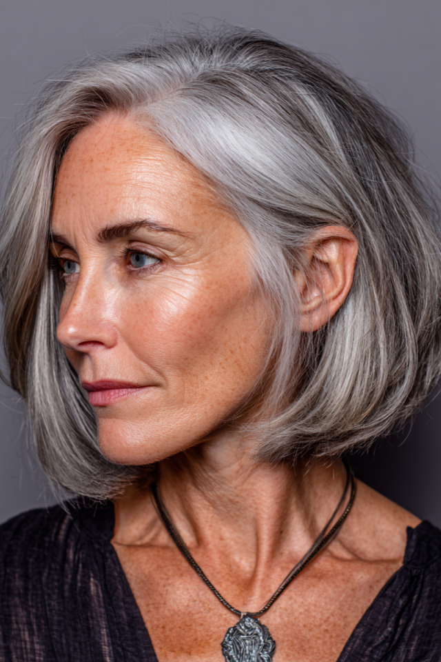 2. Natural Grey Side-Parted Chin-Length Bob