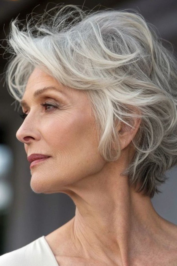 2. Swept-Back Silver Pixie Bob with Feathered Layers