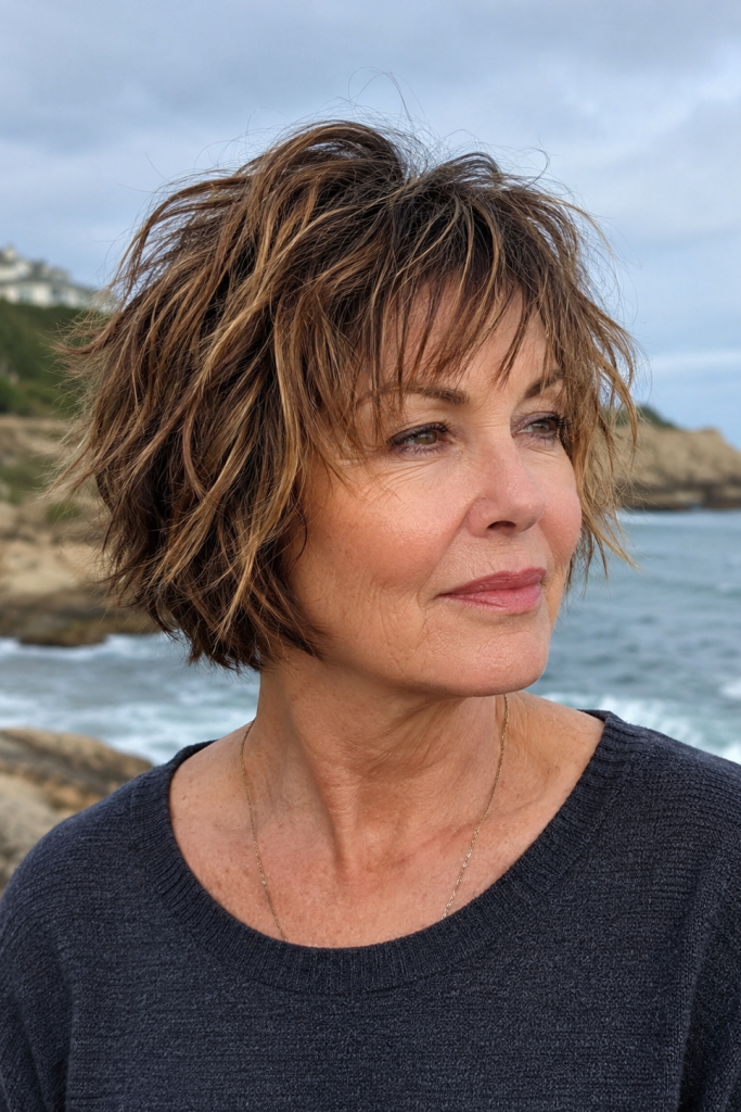 2. Textured Golden Brown Shaggy Bob with Wispy Fringe