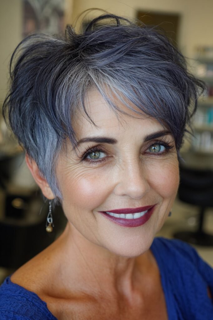 20. Layered Slate Blue Pixie with Side-Swept Fringe