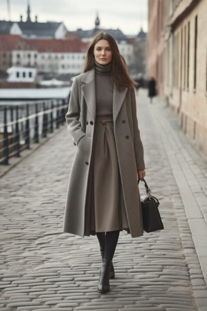 20. Long Brown Faux Fur Coat with a Mini Skirt and Knee Boots
