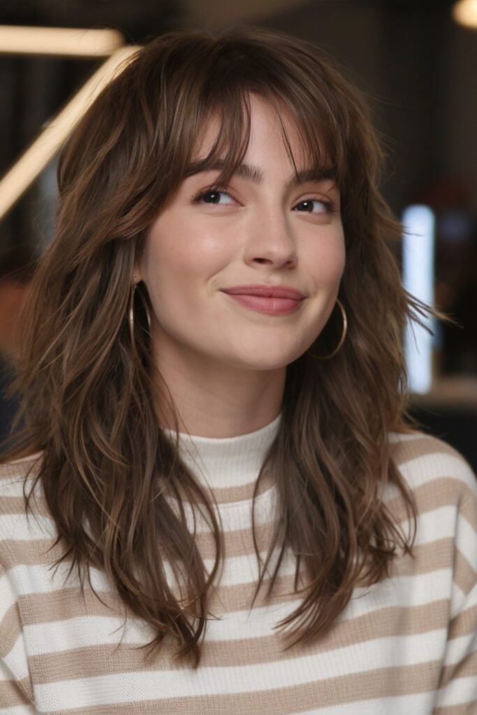 20. Retro Honey Blonde Shag with Wispy Bangs