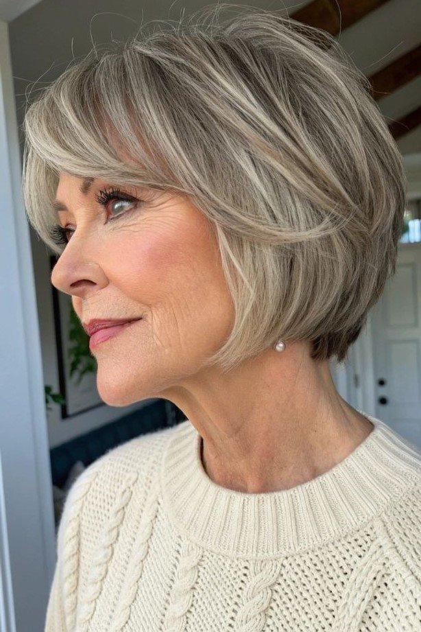 20. Sleek Silver Rounded Bob with Layered Side Bangs