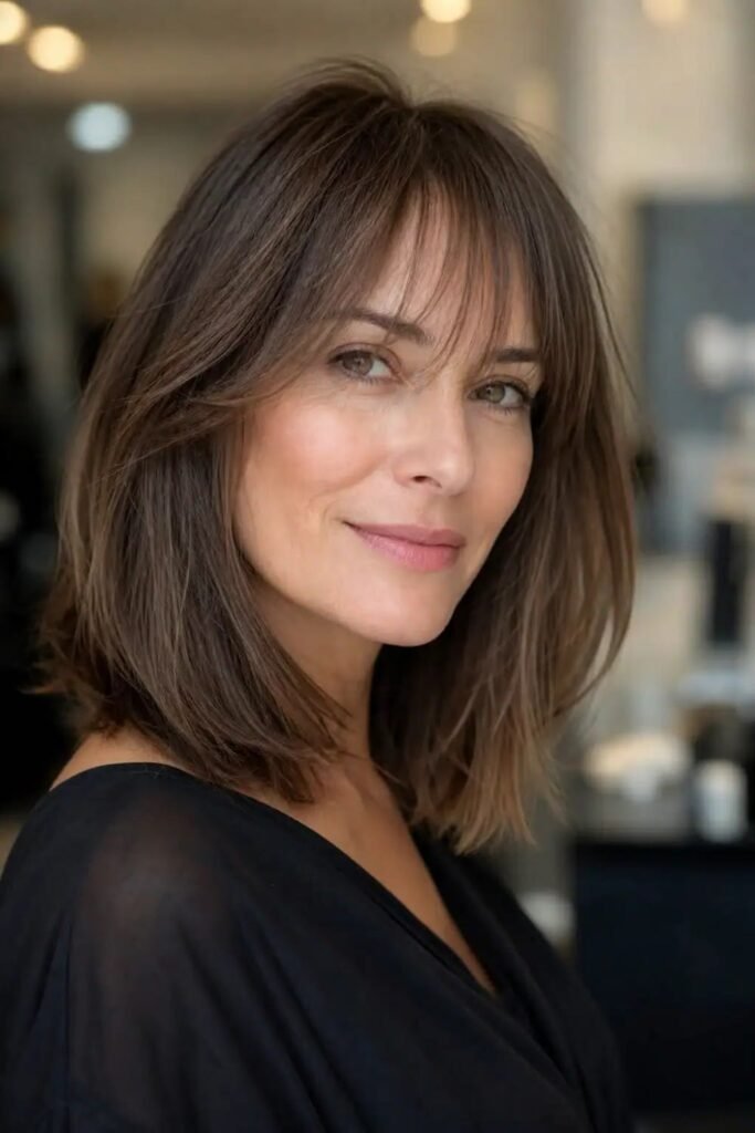 20. Soft Layered Brunette Lob with Delicate Wispy Bangs