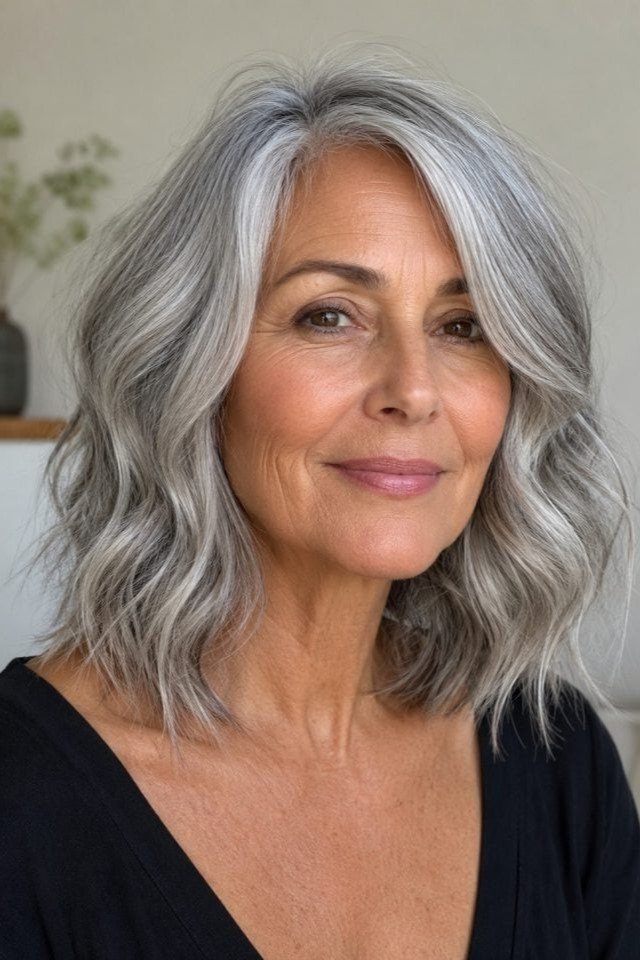 20. Soft Wavy Silver Collarbone Bob with Deep Side Part