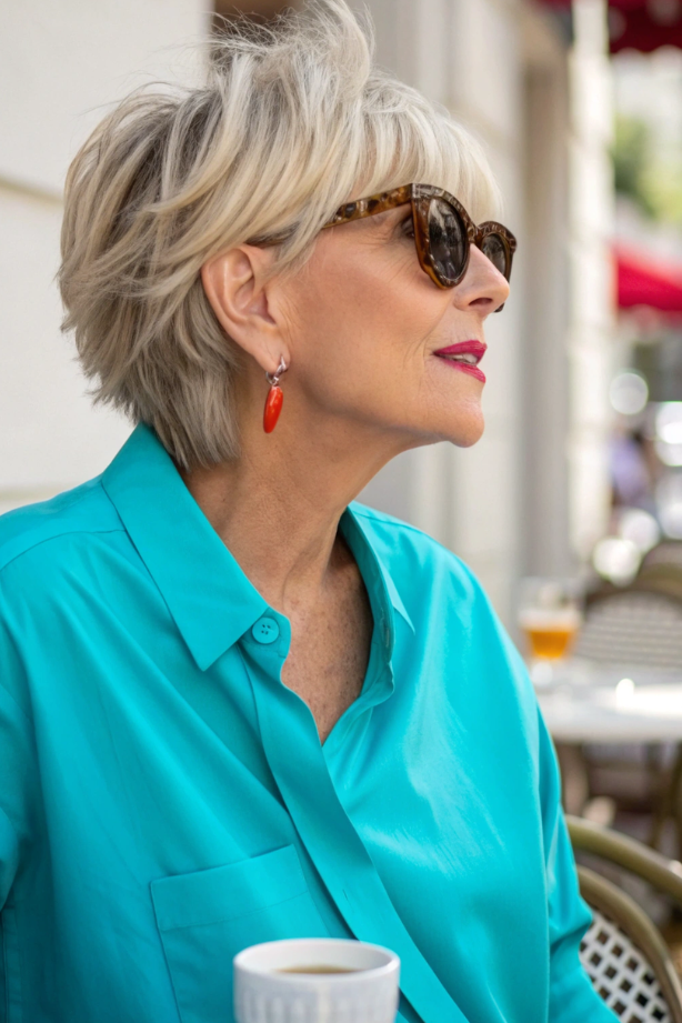 20. Voluminous Platinum Blonde Pixie Shag with Heavy Fringe