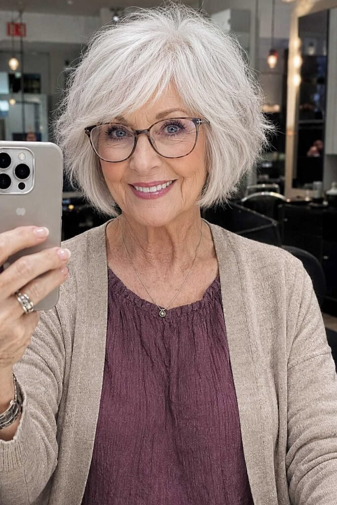 20. Voluminous Silver-White Bob with Side-Swept Fringe