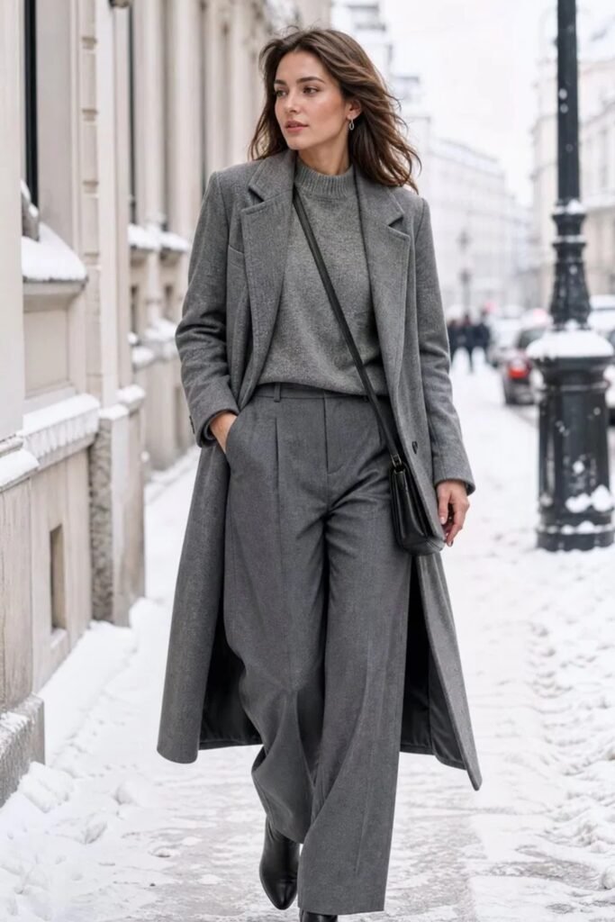 3. All-Grey Monochrome Coat Outfit