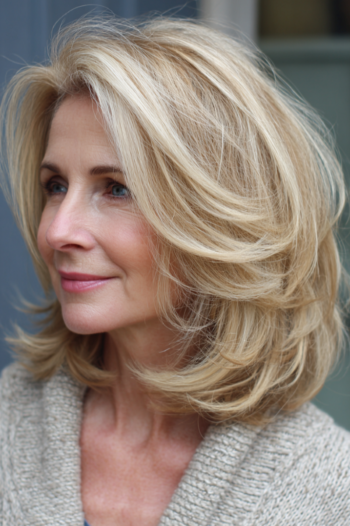 3. Golden Blonde Voluminous Layers with Feathered Ends