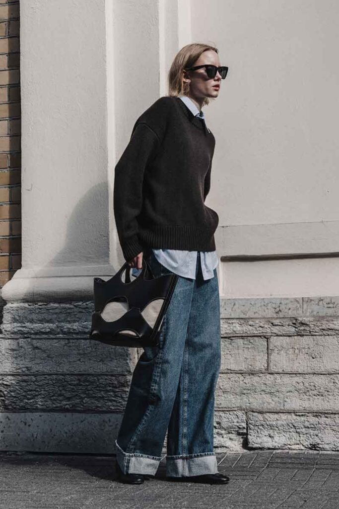 3. Oversized Sweater over Striped Shirt with Cuffed Jeans