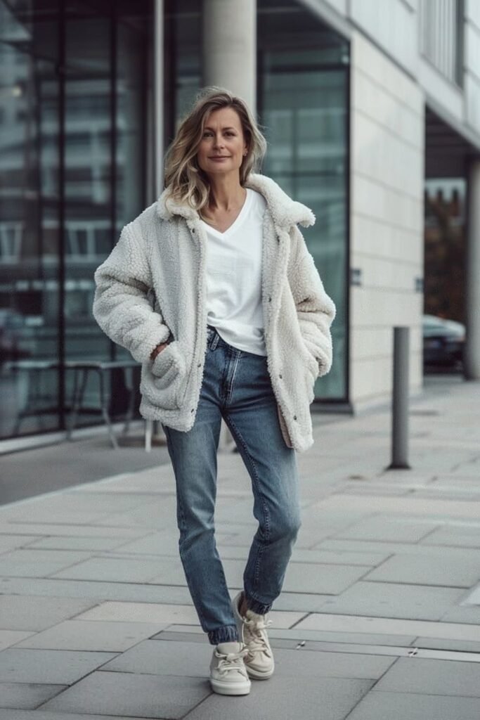 3. Sherpa Jacket with White Tee and Jeans