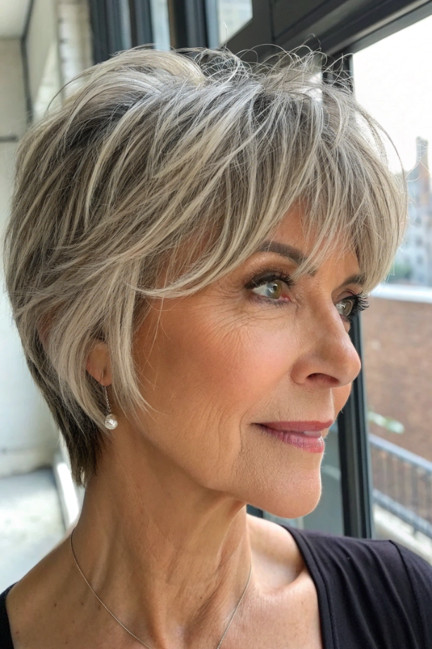 3. Sleek Silver Pixie Shag with Layered Crown