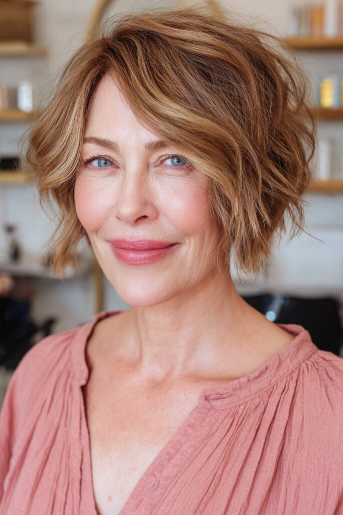3. Soft Warm Brown Choppy Bob with Side-Swept Bangs