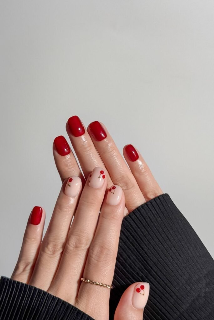 4. Short Cherry Red Nails with Mini Cherry Accents