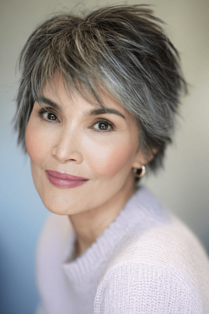 4. Textured Slate Gray Pixie with Layered Bangs