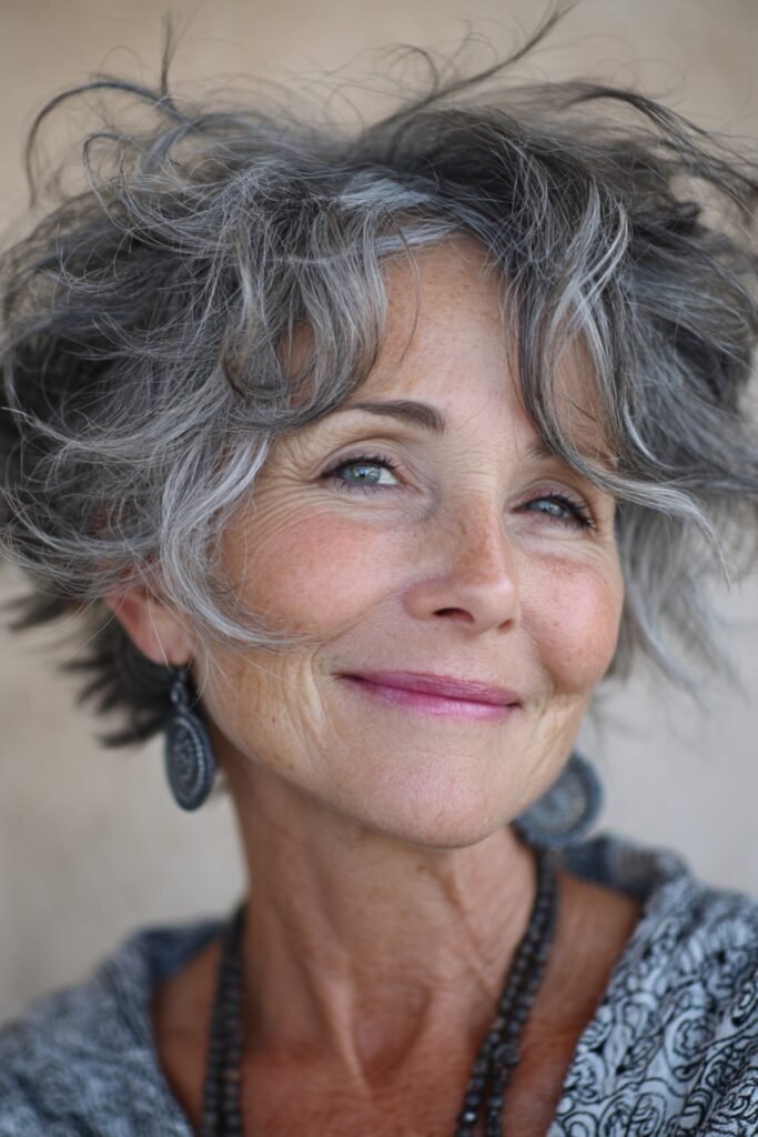 5. (Gray Tapered Pixie with Swept-Up Volume)