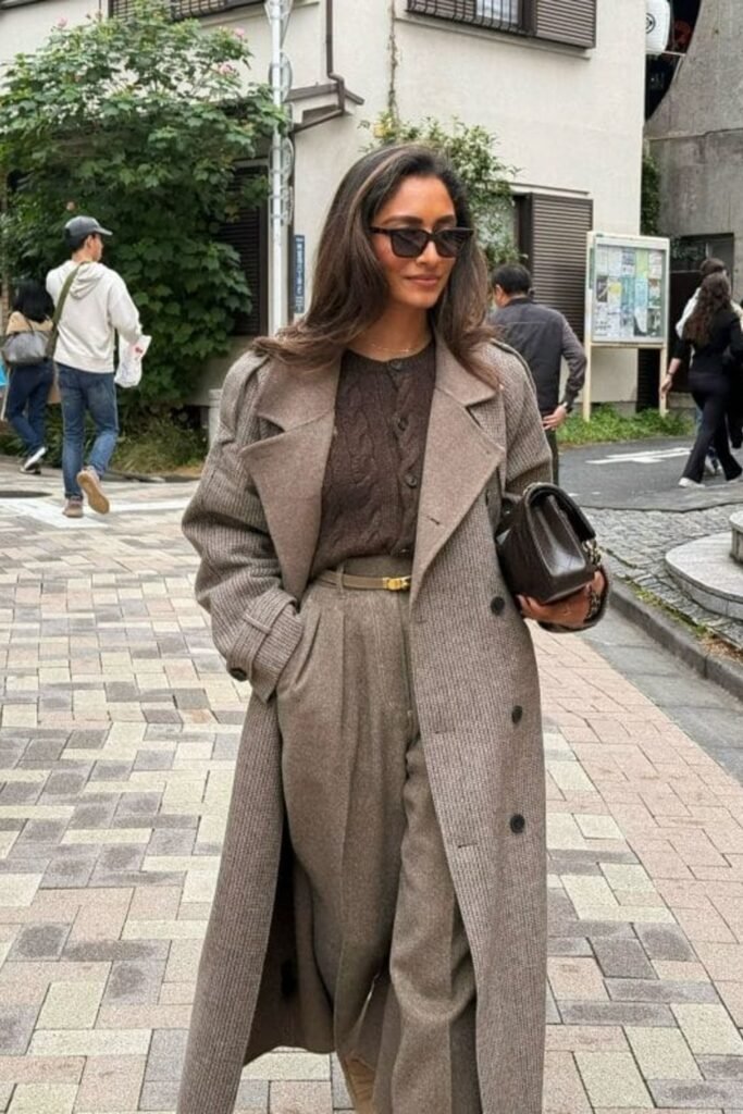 5. Grey Coat with a Taupe Midi Skirt