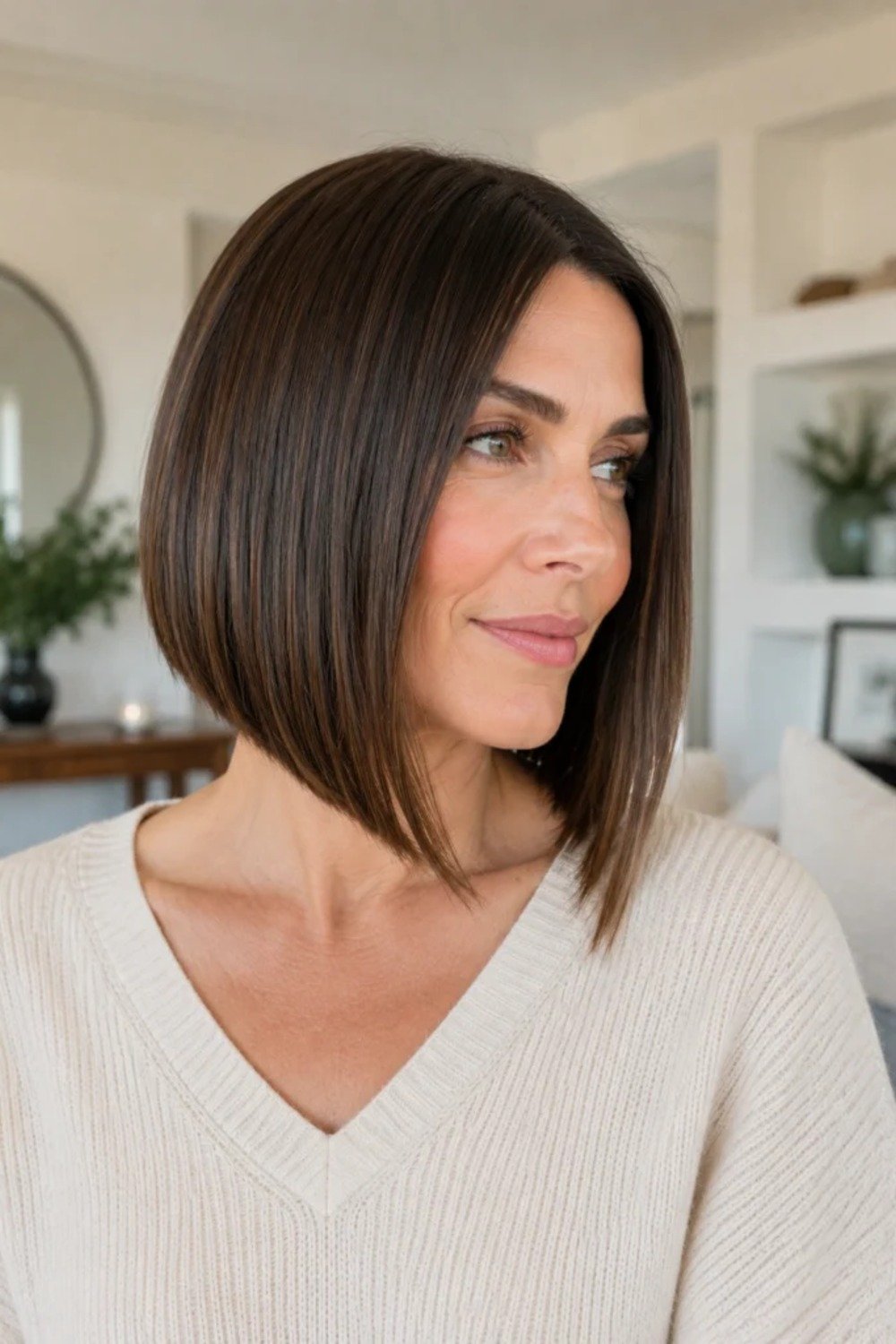 5. Lavender Gray Angled Bob with Blunt Bangs