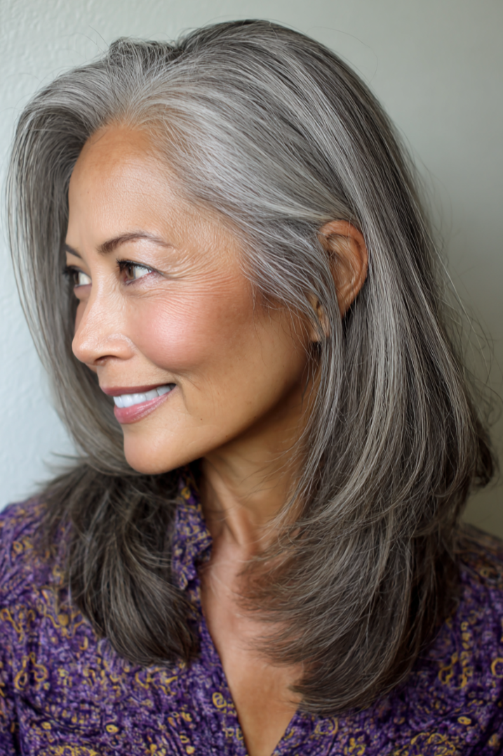 5. Layered Silver Cut with Face-Framing Tapered Ends