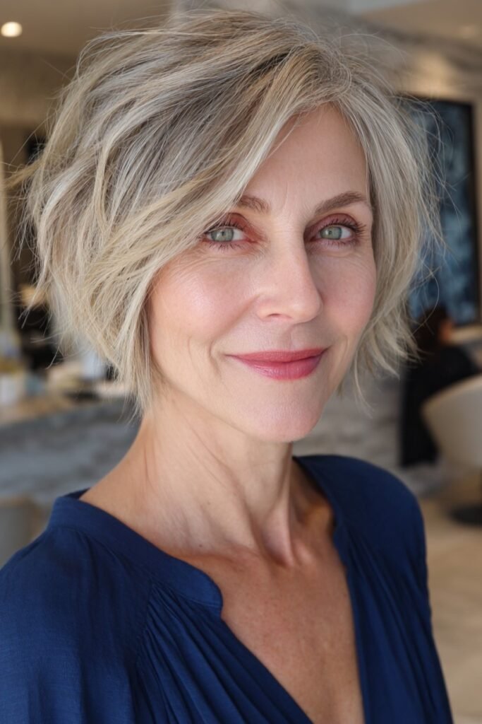 5. Messy Silver Blonde Short Bob with Center Part