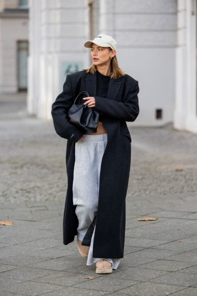 5. Oversized Black Coat with Gray Sweatpants