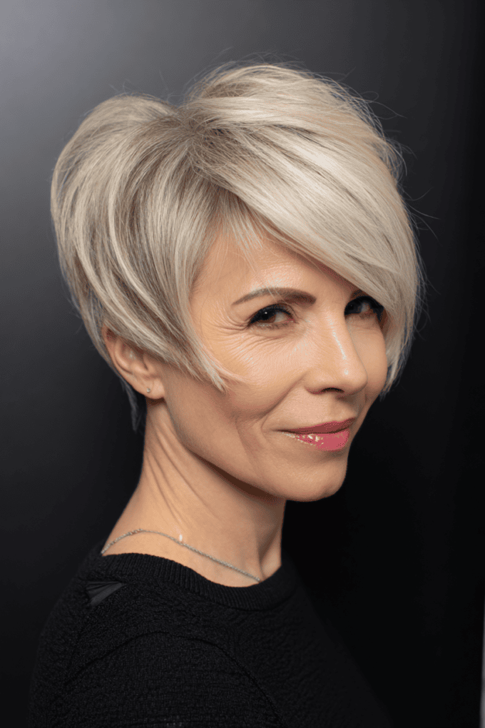 5. Sleek Platinum Pixie Cut with Deep Side-Swept Bangs