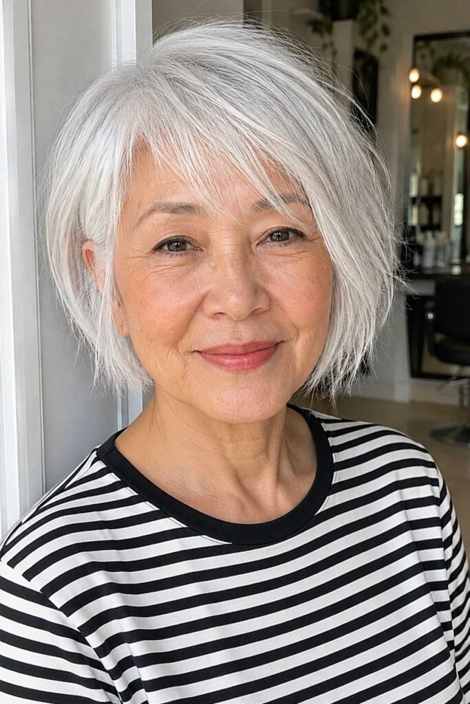 5. Straight Fine Silver-White Bob with Wispy Bangs