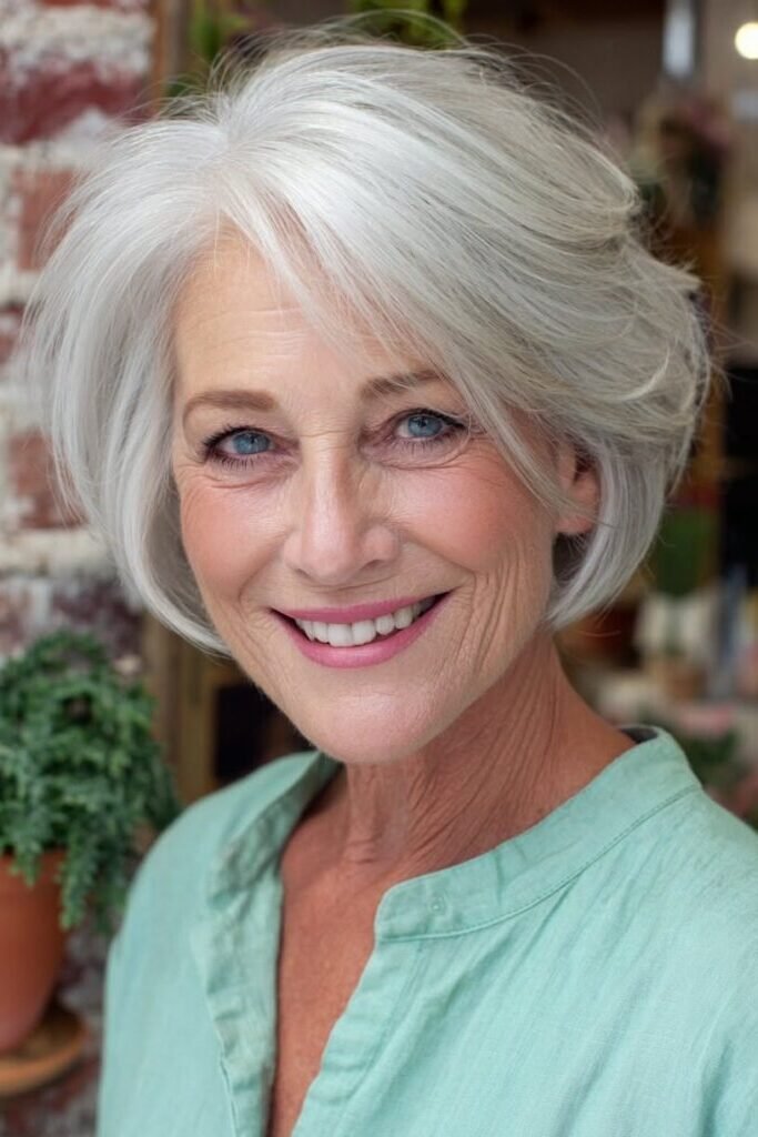 5. Voluminous Platinum Cut with Sweeping Side Bangs
