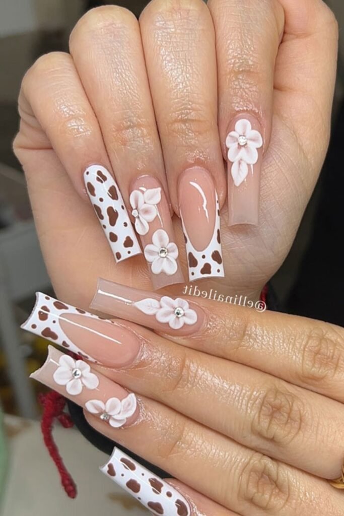 6. Cow Print Cuffs on Nude Nails