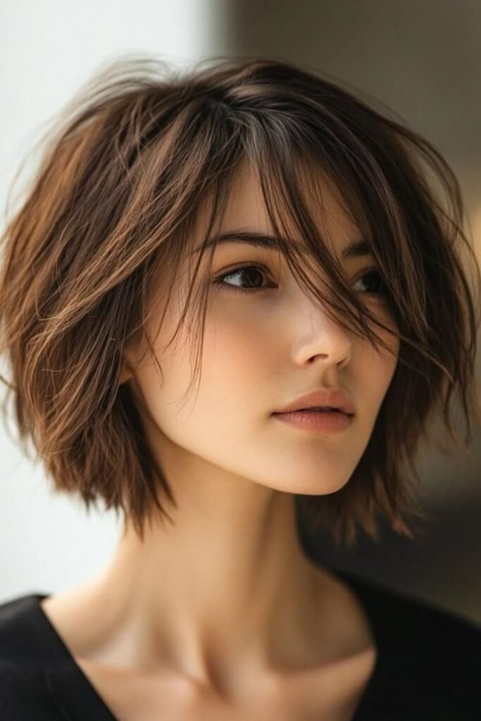 6. Dark Shaggy Bob with Wispy Fringe