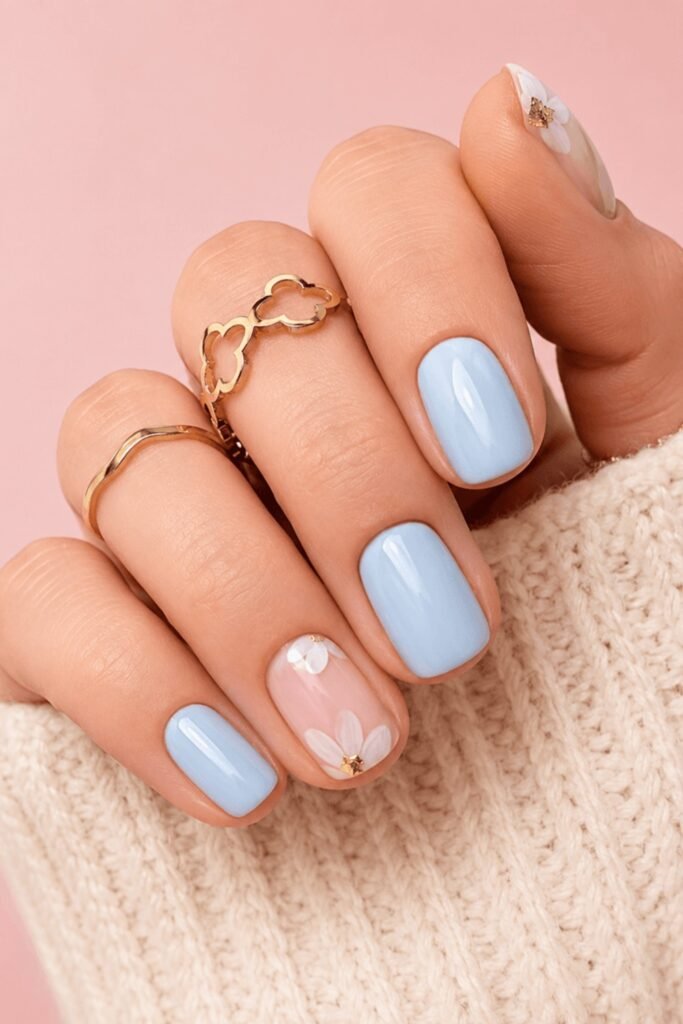 6. Light Blue French Tips with 3D White Flowers