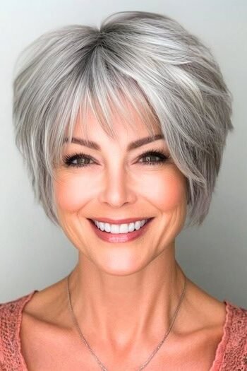 6. Short Layered Feathered Cut with Fringe Bangs