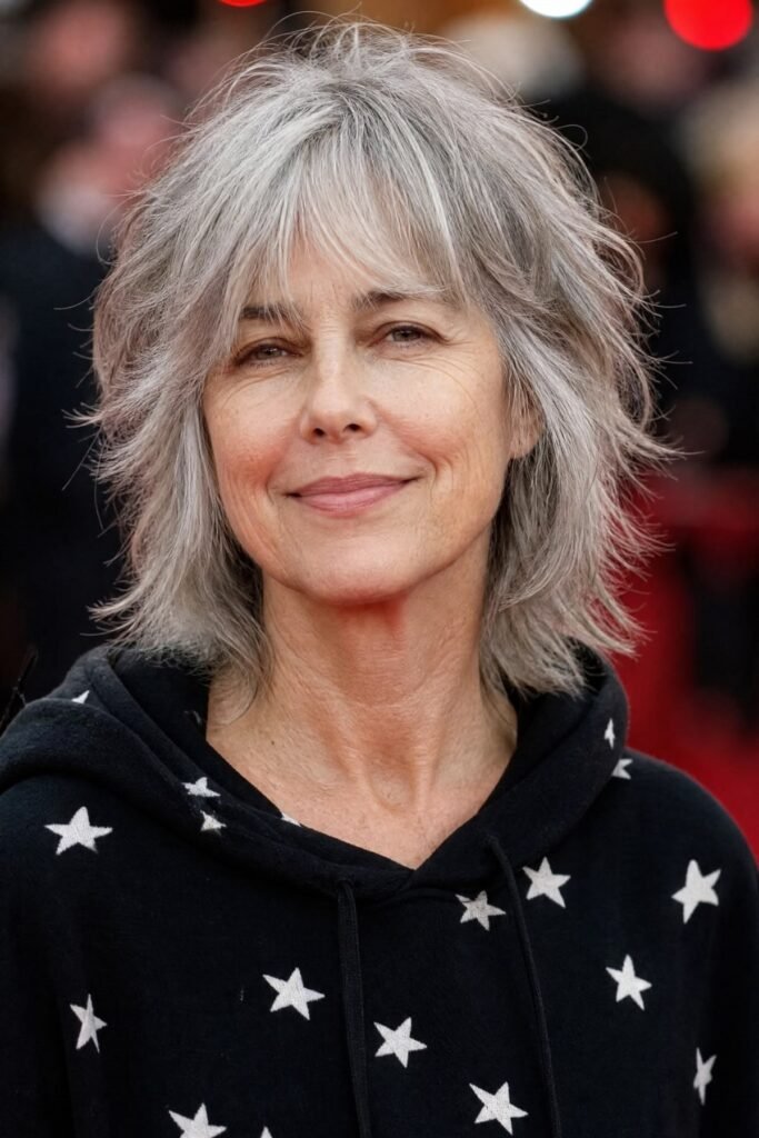 6. Shoulder-Length Silver Shag with Curtain Bangs