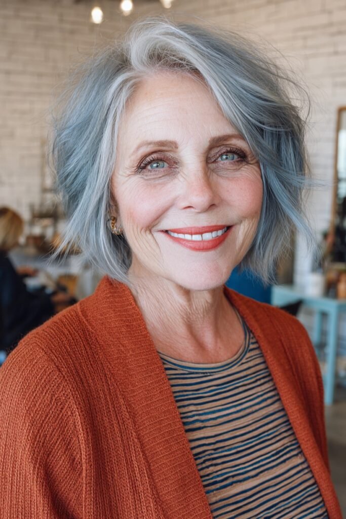 6. Soft Wavy Ice Blue Bob with Center Part