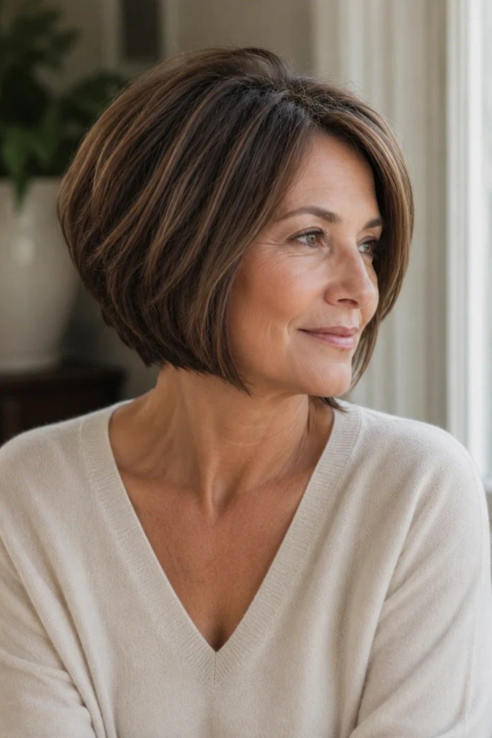 6. Tousled Espresso Bob with Side-Swept Bangs