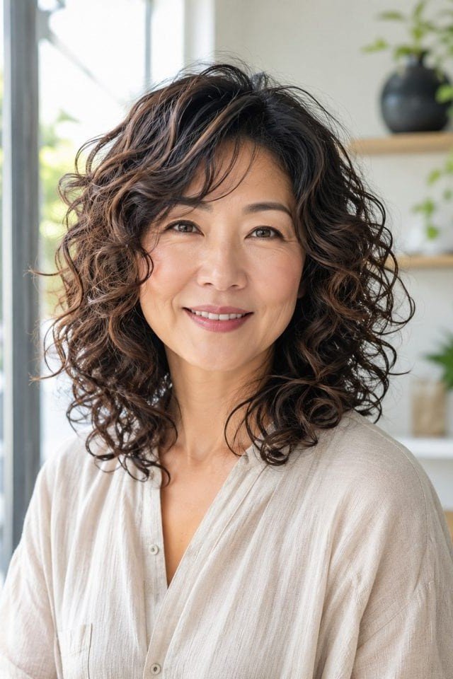 6. Voluminous Dark Brown Curly Lob with Soft Fringe
