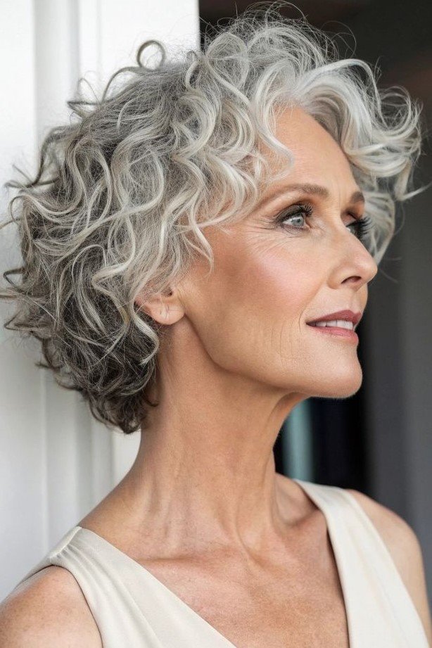 6. Voluminous Silver Curly Crop Bob