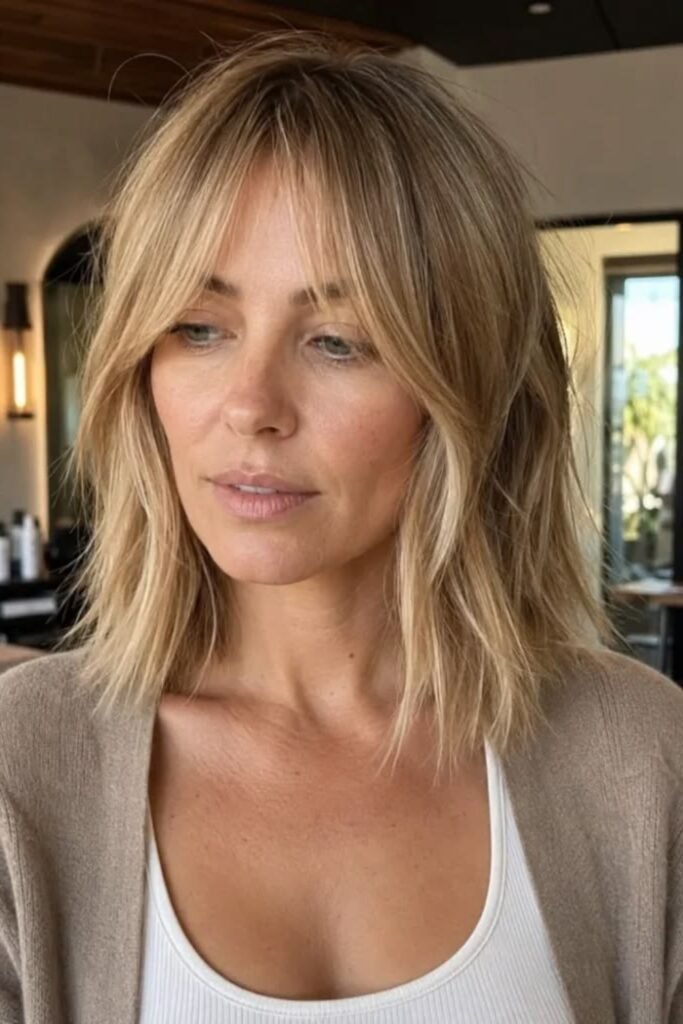 6. Wavy Choppy Bob with Extra Long Bangs