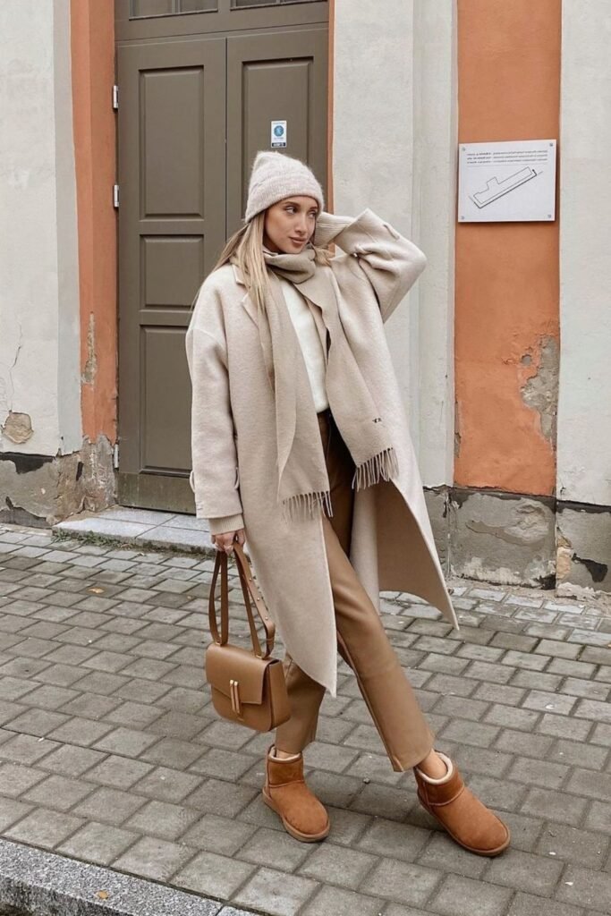 7. Beige Coat with Beanie, Scarf, and Tan Trousers